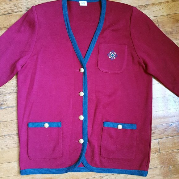1990s Vintage Cozy Red and Green Wool Cardigan Size L, Vintage Red Cardigan - Picture 3 of 9